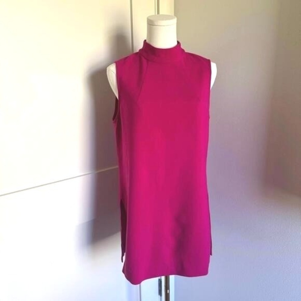 Trina Turk Magenta Mini Dress Mock Neck Shift Tunic Side Slit Stretchy Bold